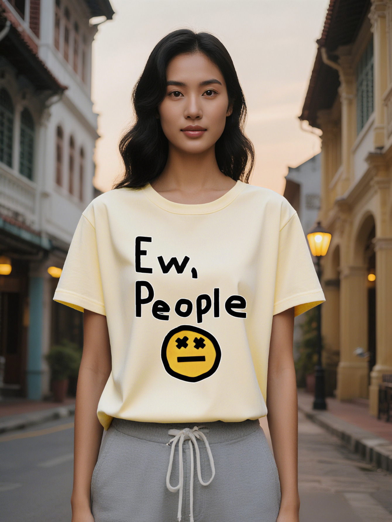 Large XL Lady Casual Graphic Print T-Shirt Ew People Text Yellow Joyful Face Design with Lines Black Round Neck Summer Tee Plus Size