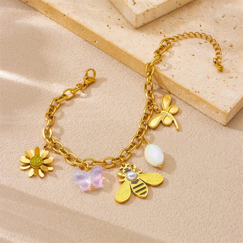 New Gold-Plated Multi-Element Accessories Insect Animal Pendant Butterfly Bee Flower Stainless Steel Chain Bracelet