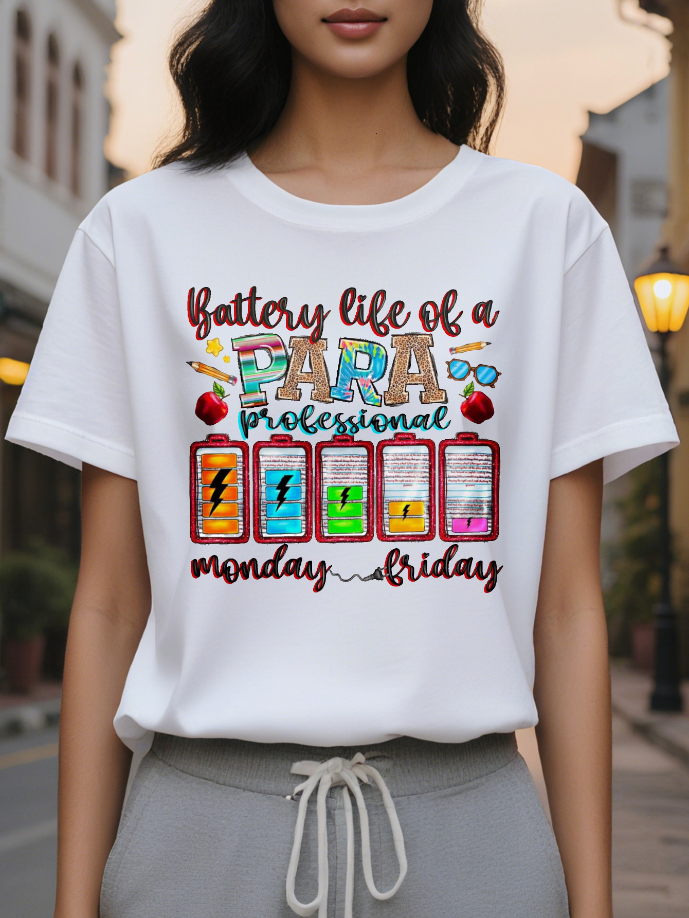 Women's White Semi-Professional Life Pattern Short-Sleeved T-Shirt Funny Battery Icon Letter Design Medium Stretch