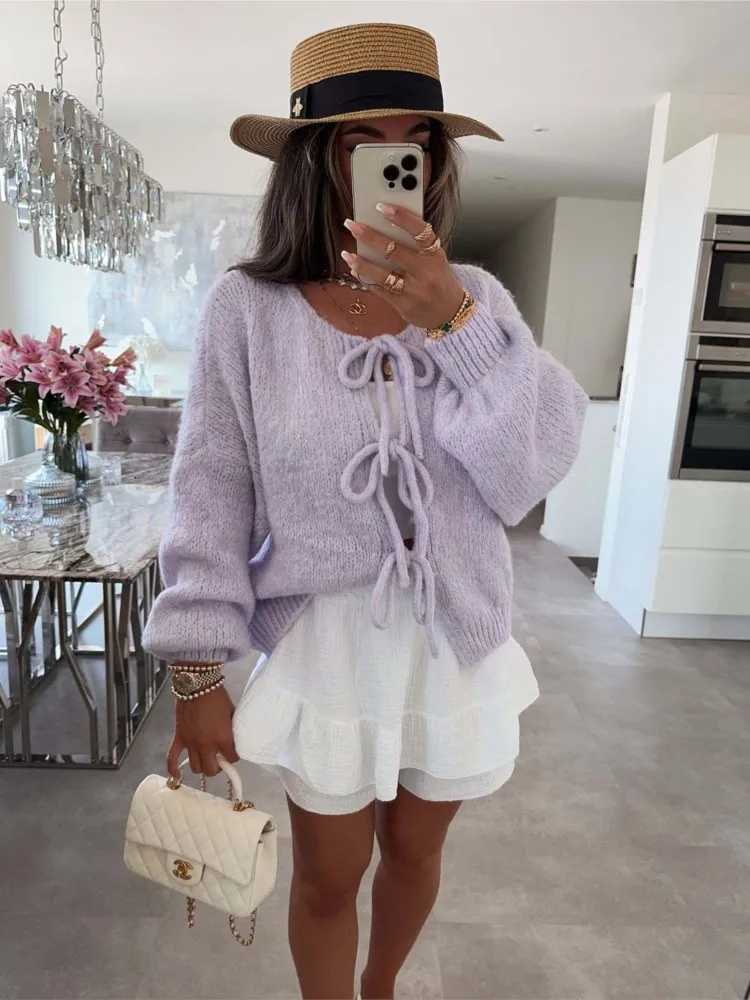 Elegant Sweet Solid Color Knitted Cardigan Women Fashion Simple O Neck Leaceup Knitting Sweaters Coat Lady Commuting Clothing M250904