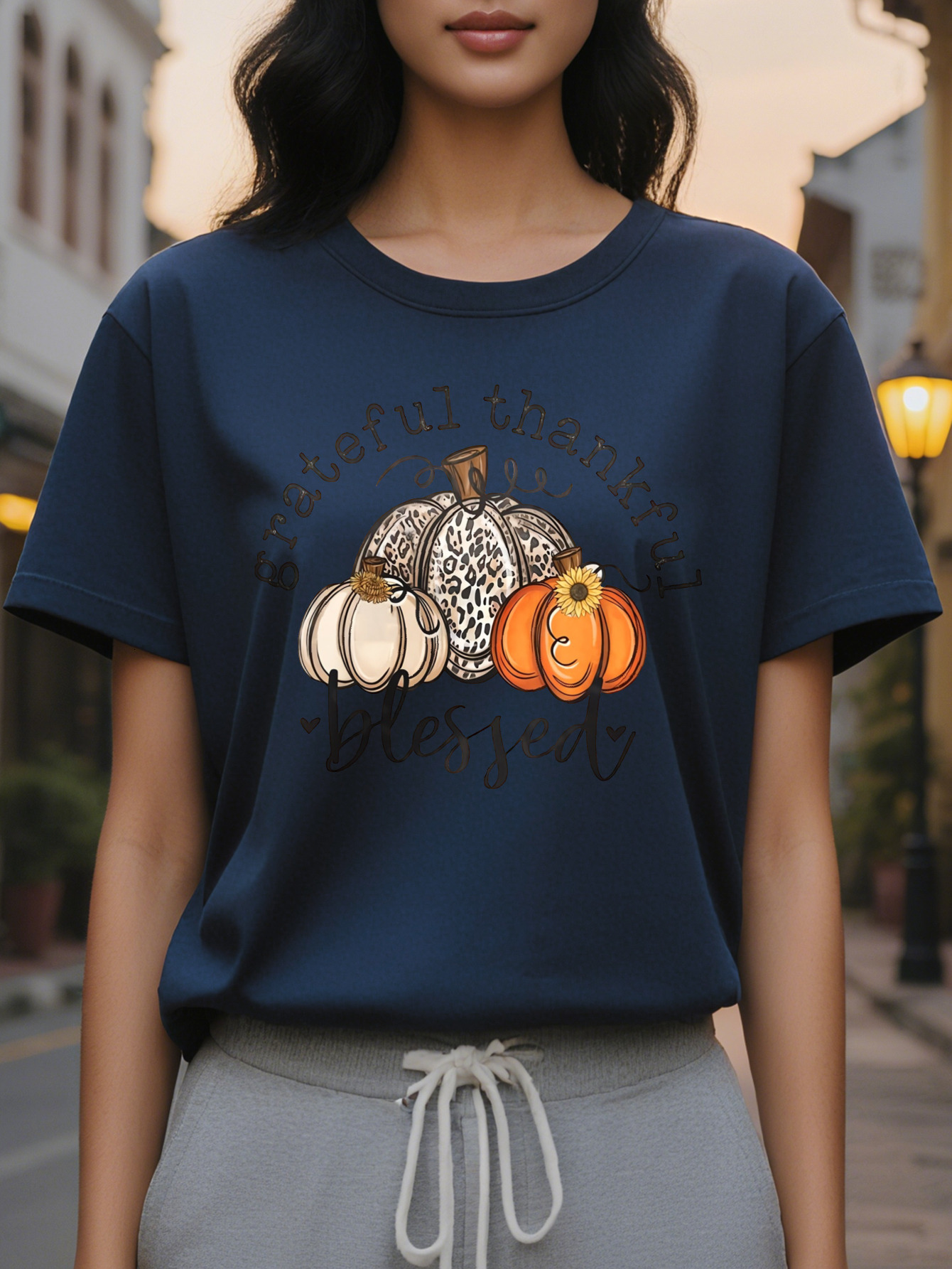 Large XL Women S Autumn Graphic T-Shirt Grateful Blessed Message with Pumpkins Round Neck Tee for Fall Spring Washable Plus Size