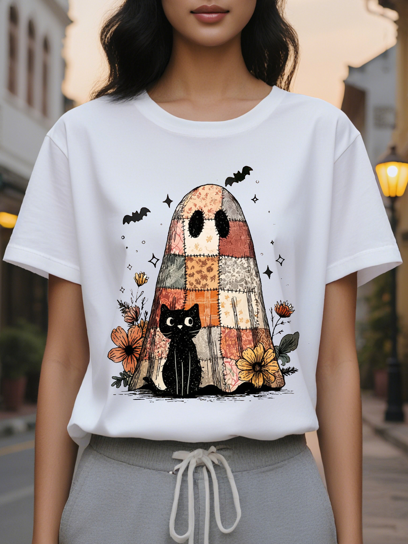 Large XL Women's Halloween Graphic Print Sweatshirt Casual Round Neck Pullover with Spooky Ghosts Bats Black Cat Design Cozy Plus Size