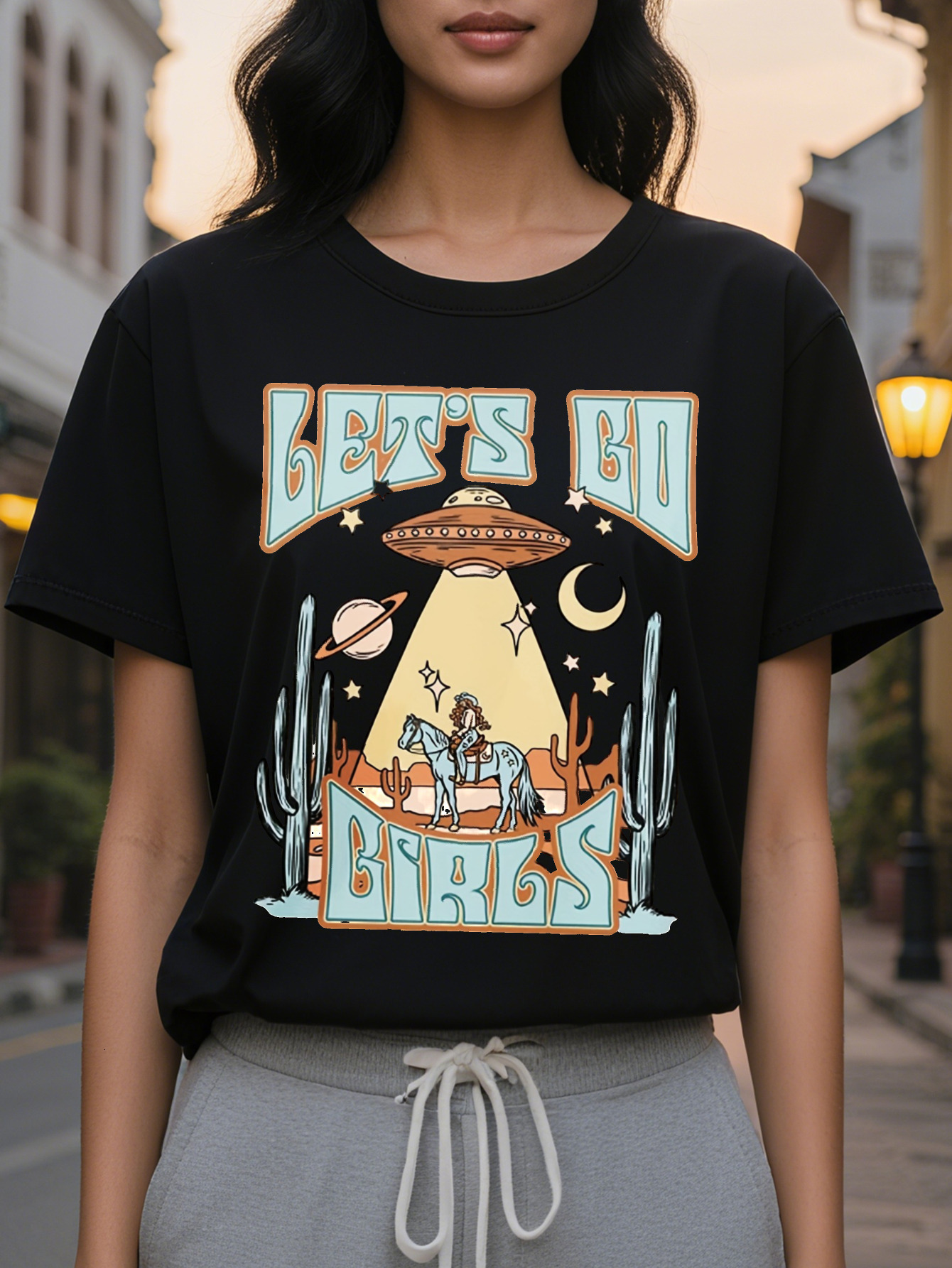 Large XL All Season Cowgirl UFO Casual Tee Chic Stretchy Easy Care Women's Top Plus Size