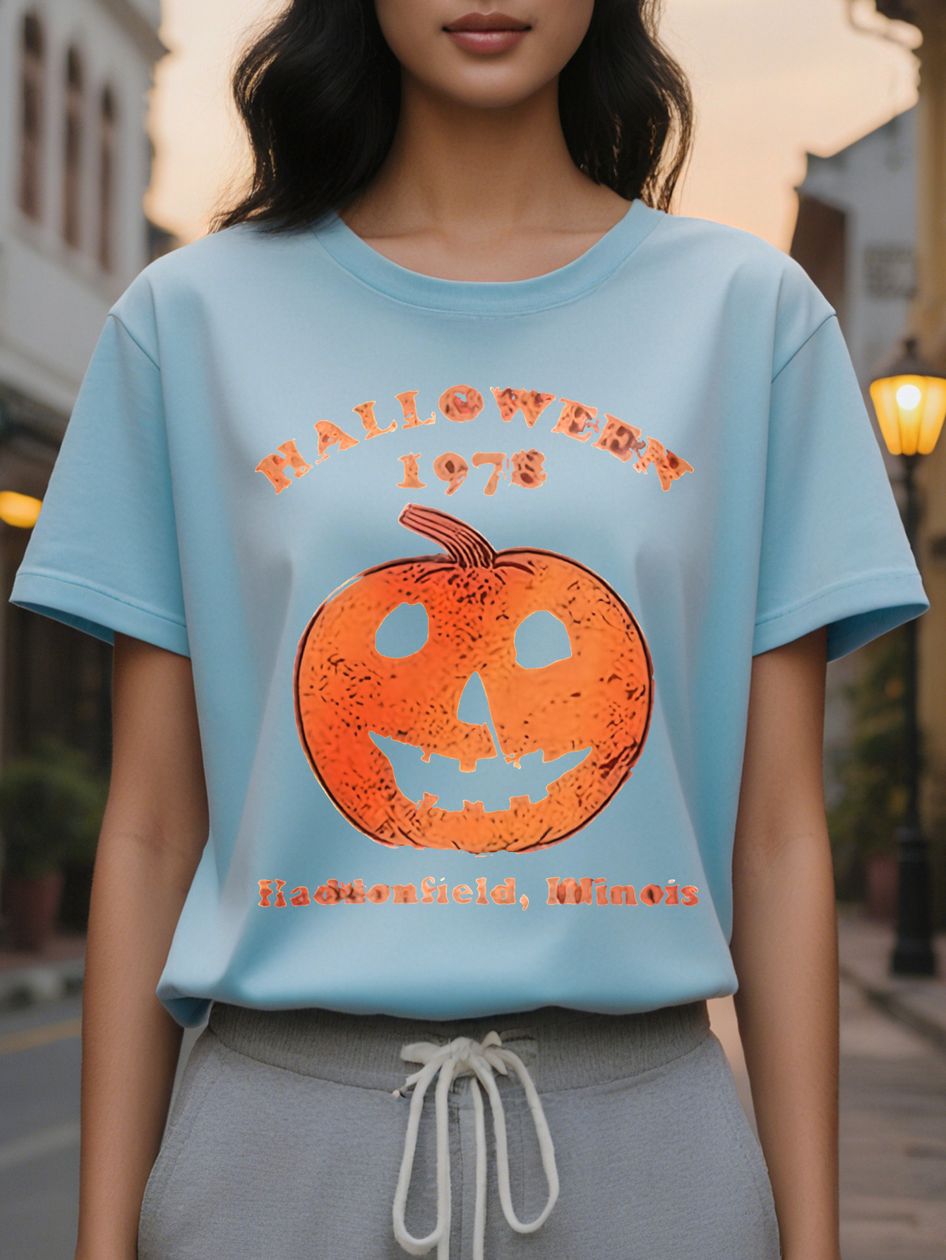 Large XL Women's Retro T-Shirt Round Neck Short Sleeve with Jack O Lantern Graphic Print Comfort Themed Parties Casual Plus Size
