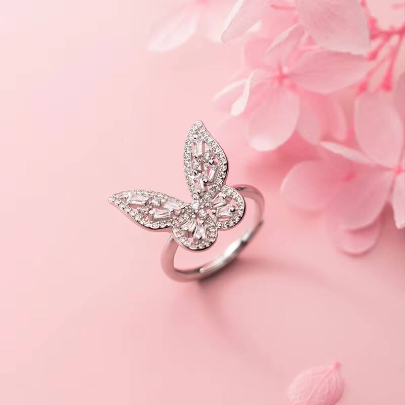 925 Silver Zircon Butterfly Ring 18K Rhodium Plated Trendy Baguette Unisex Jewelry Wedding Engagement Anniversary Party Gift