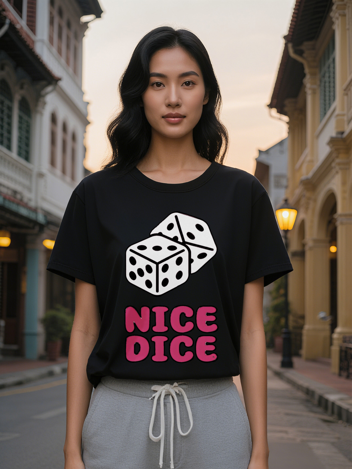Large XL Women's Casual Graphic T-Shirt Bold NICE DICE Print Dice Design Black with White Pink Lettering Round Neck Summer Tee Plus Size
