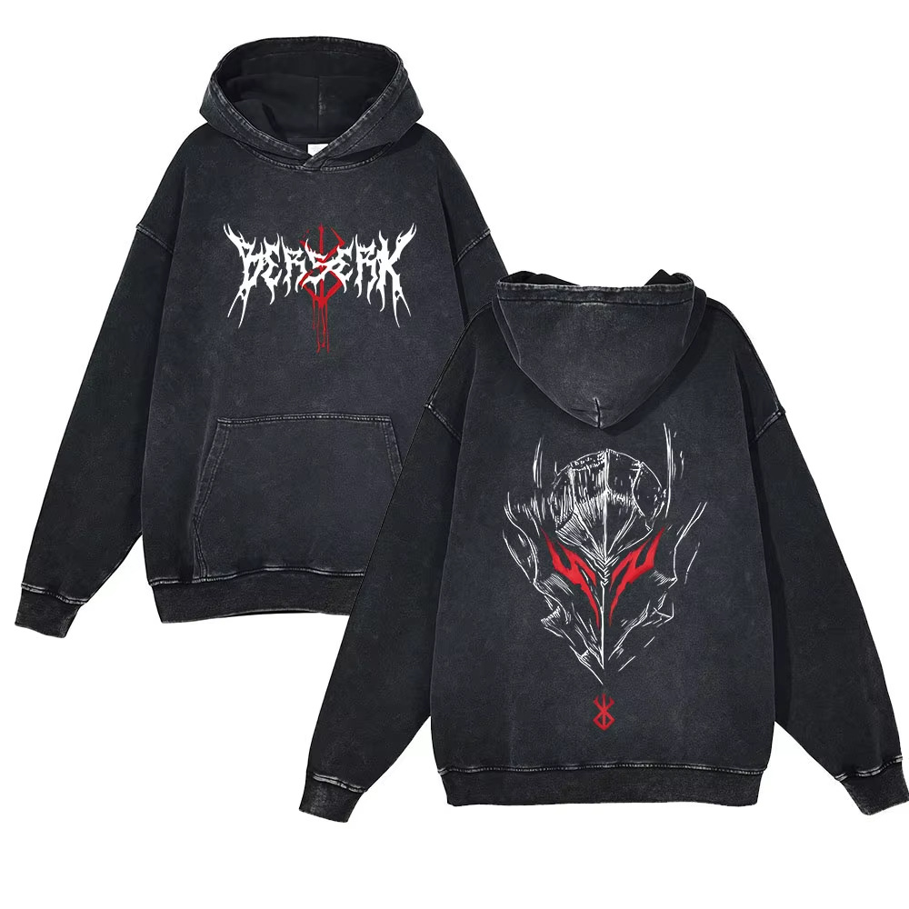 440g Heavyweight Washed Vintage Berserk Sword Art of the Dragon Print Street Retro Hoodie - VT2417