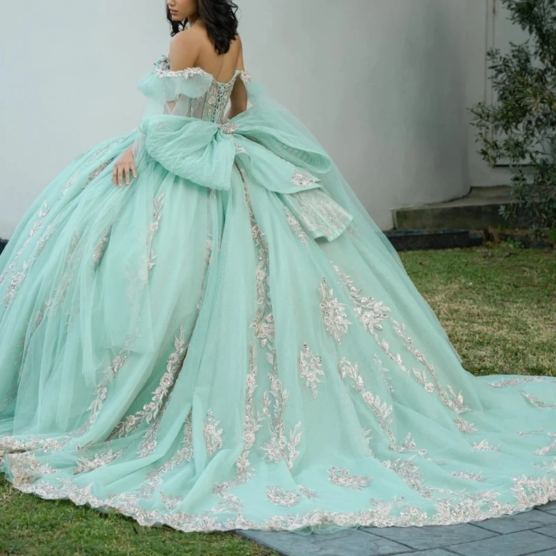 Mint Green Shiny Quinceanera Dresses Ball Gown Off The Shoulder Applique Lace Beading Crystal With Cape Tull Sweet 16 Dress Vestidos 15 Anos