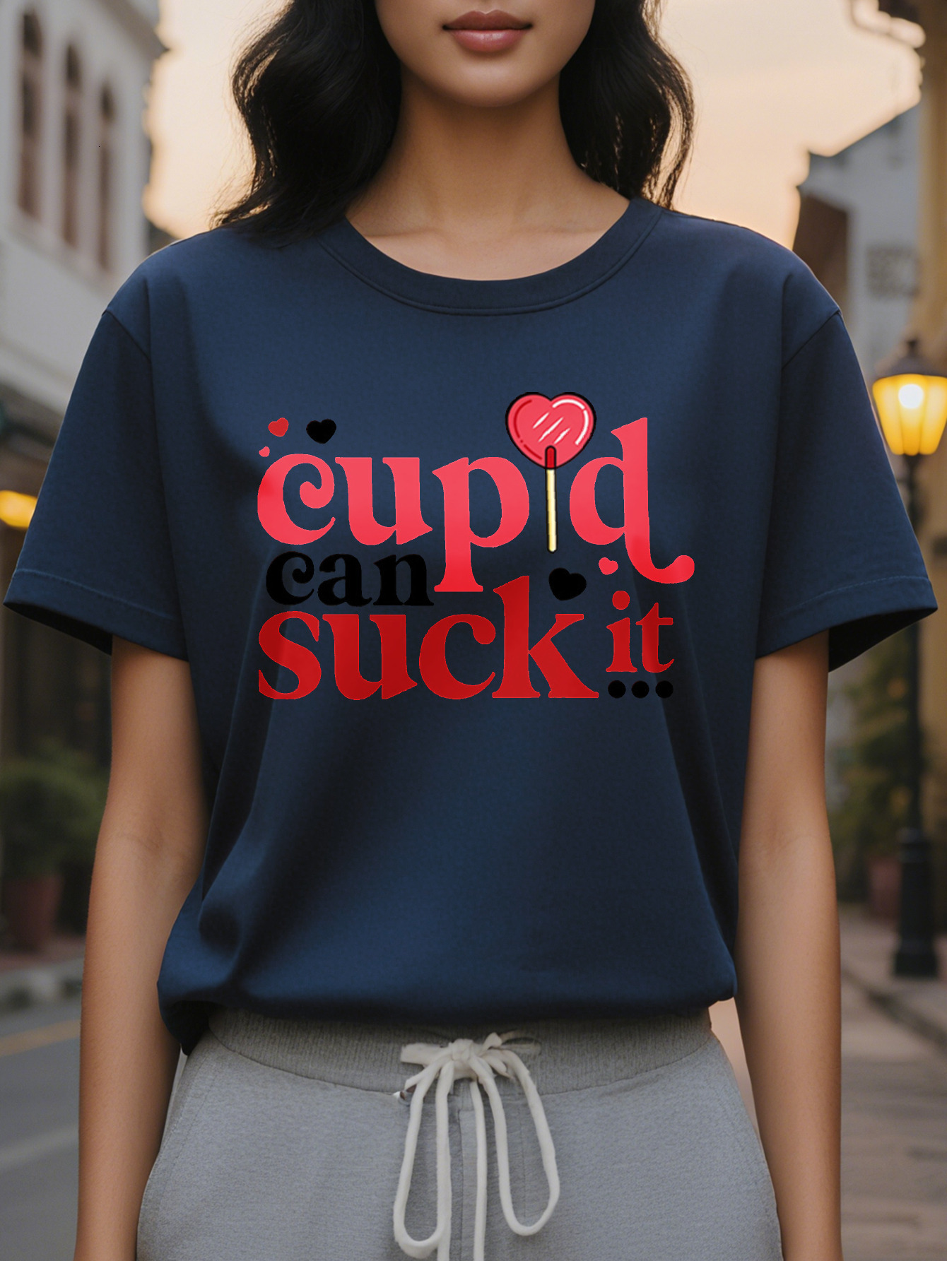 Ladies casual round neck T-shirt printed Cupid can suck it cotton knit fabric regular length spring and