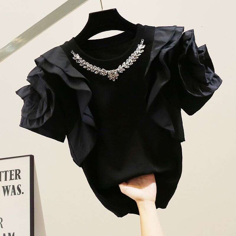 Women's Summer Korean Version Slimming Ruffled Splicing Short-Sleeved Solid Color Casual Shirt Trend