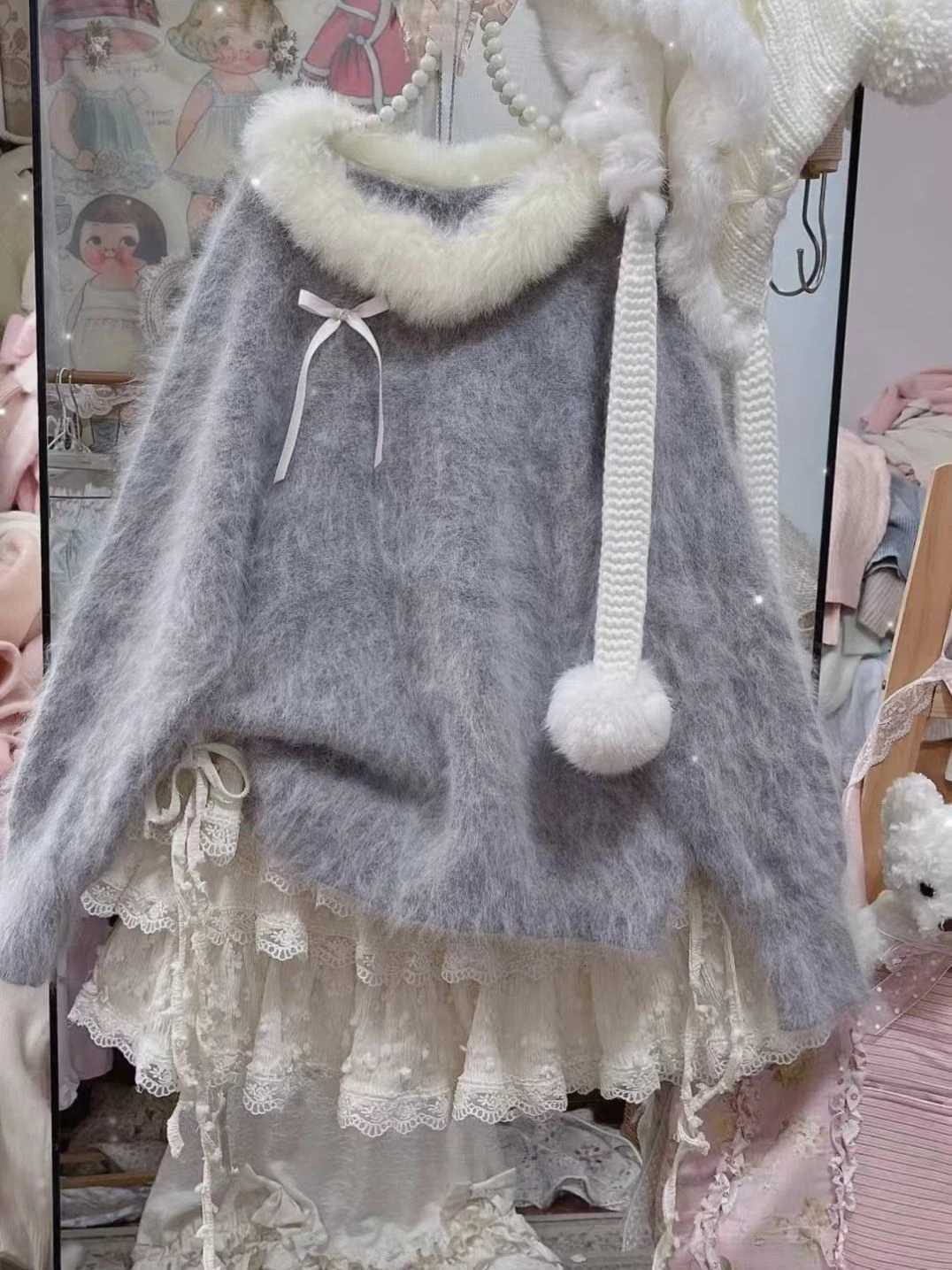 Y2K Korean Thin Bow Knitted Pullover Female Sweet Lace Japanese Loose Sweater Office Lady Autumn Winter Oversized Y2k Outfits M250904