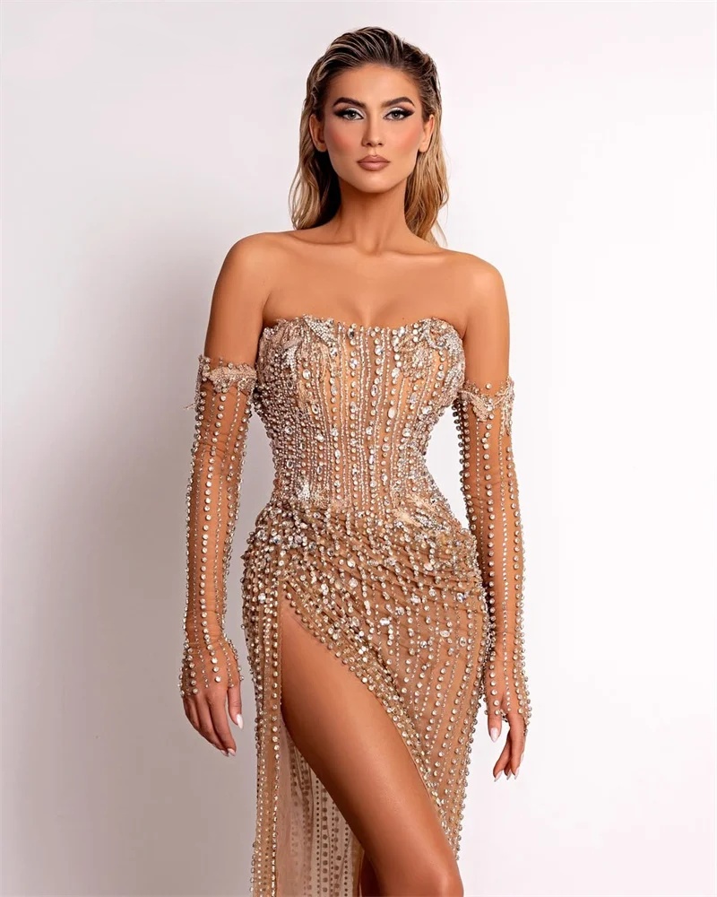 Illusion Mermaid Evening Dress Strapless Sleeveless Diamond Prom Gowns Exquisite Splits Floor Length Party Dresses Customized