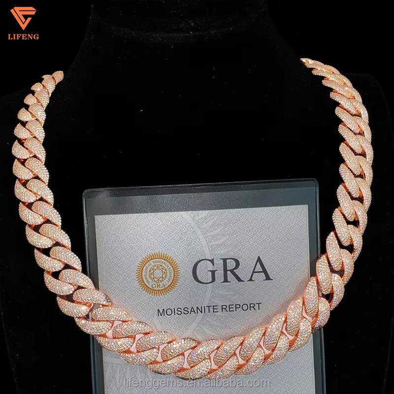 Custom Lock Heavy Weight Iced Out Cuban Link Chains Rose Gold Plated 925 Silver Pass Diamond test VVS Moissanite Chains