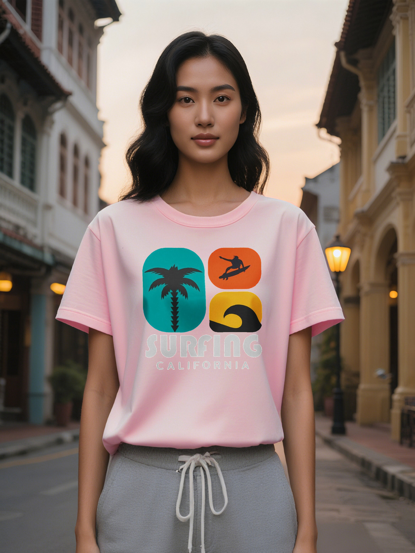 Large XL Lady Surfing California Graphic Print Round Neck T-Shirt Pure Cotton Lightweight Summer with Vibrant Surf Themed Plus Size