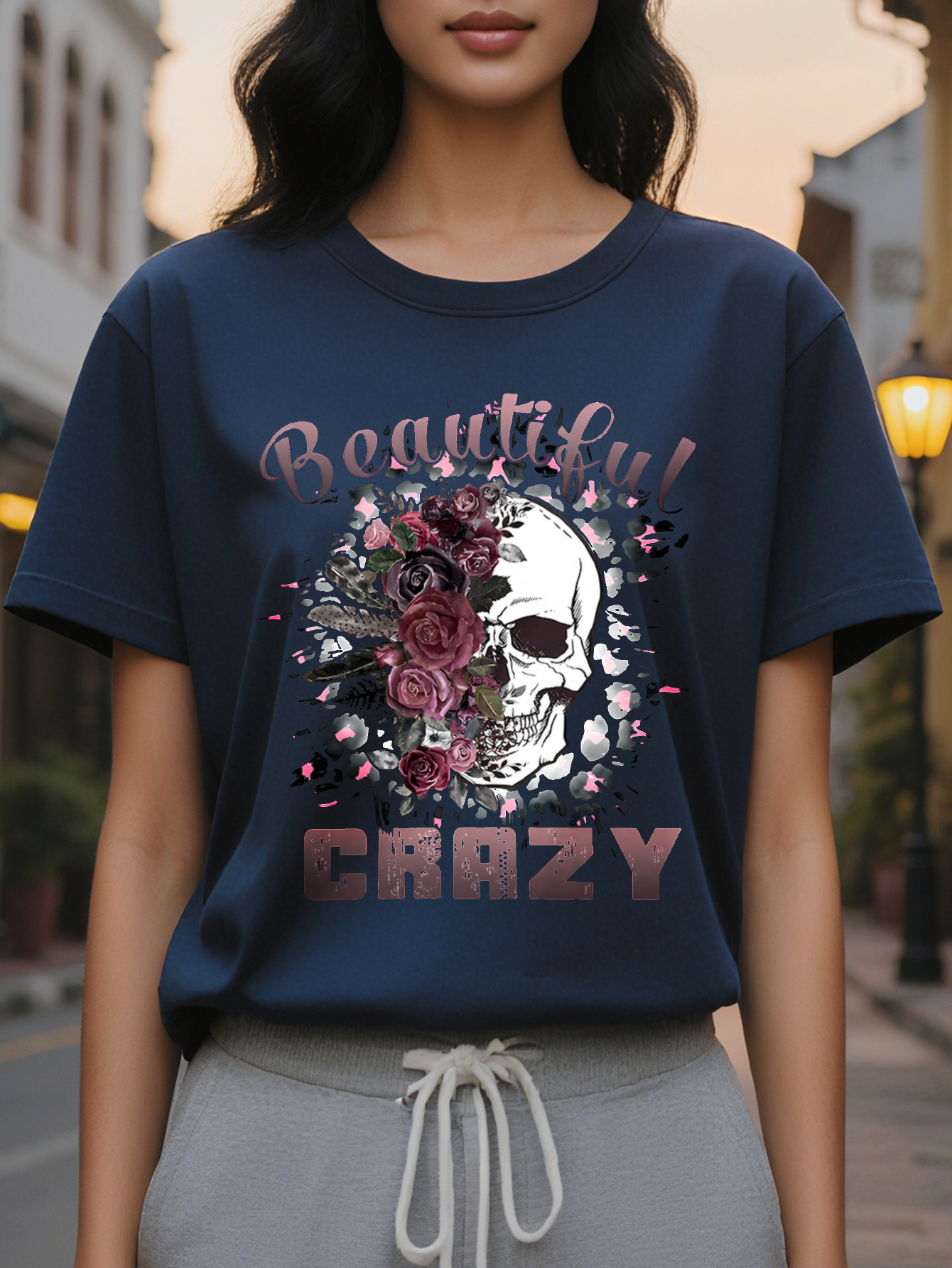 Beautiful Crazy Ladies T-Shirt Black Skull Pink Letter Printing Spring and Summer Casual Loose Short Sleeve Round Neck