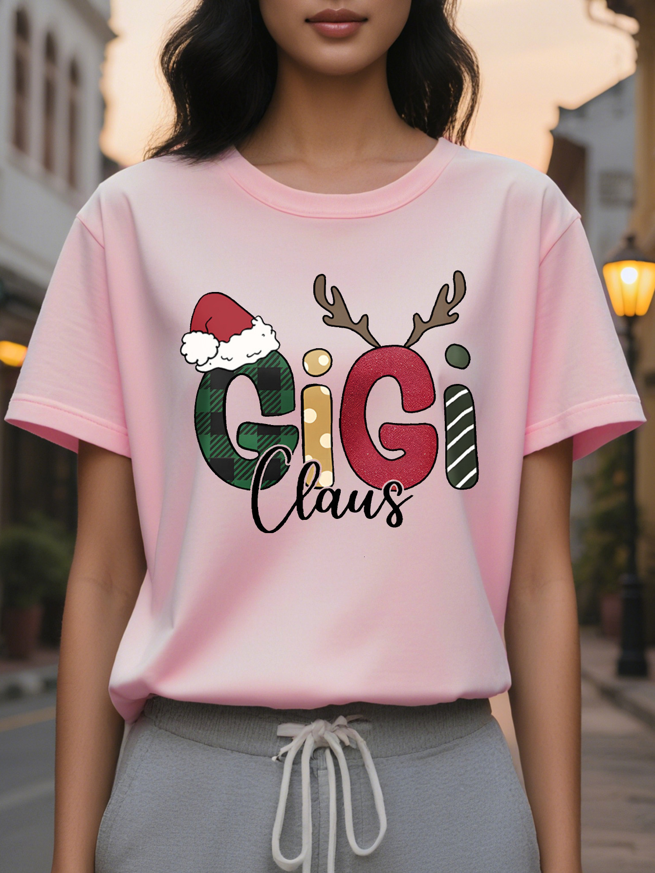 Women's Christmas Theme T-shirt Cotton Knitted Fabric Round Neck Short Sleeves Casual Style Normal Length