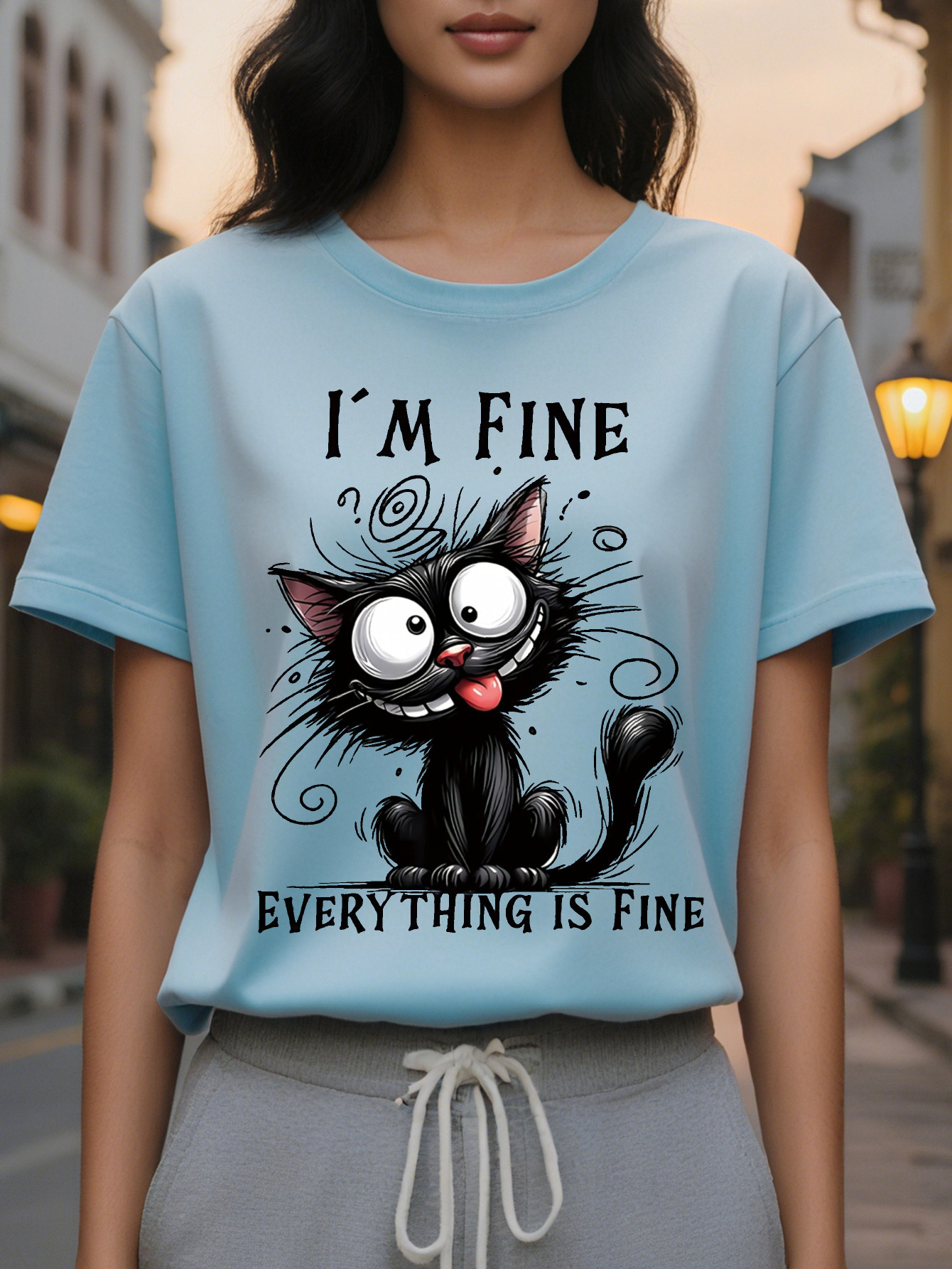 Large XL Humorous Casual Women's T-Shirt Light Yellow Short Sleeve I'm Everything Is Fine Graphic Print Crew Neck Summer Fit Plus Size