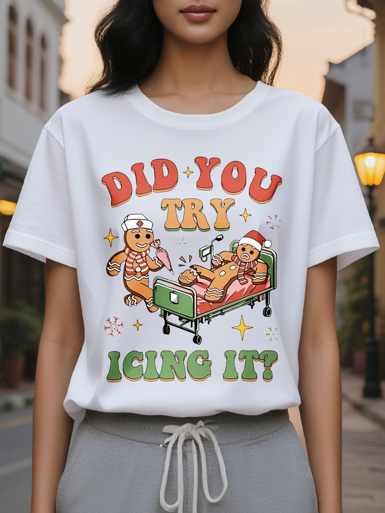 Women S Cozy Crew Neck Sweatshirt with Festive Gingerbread Santa Graphic Soft Cotton Holiday Themed Design