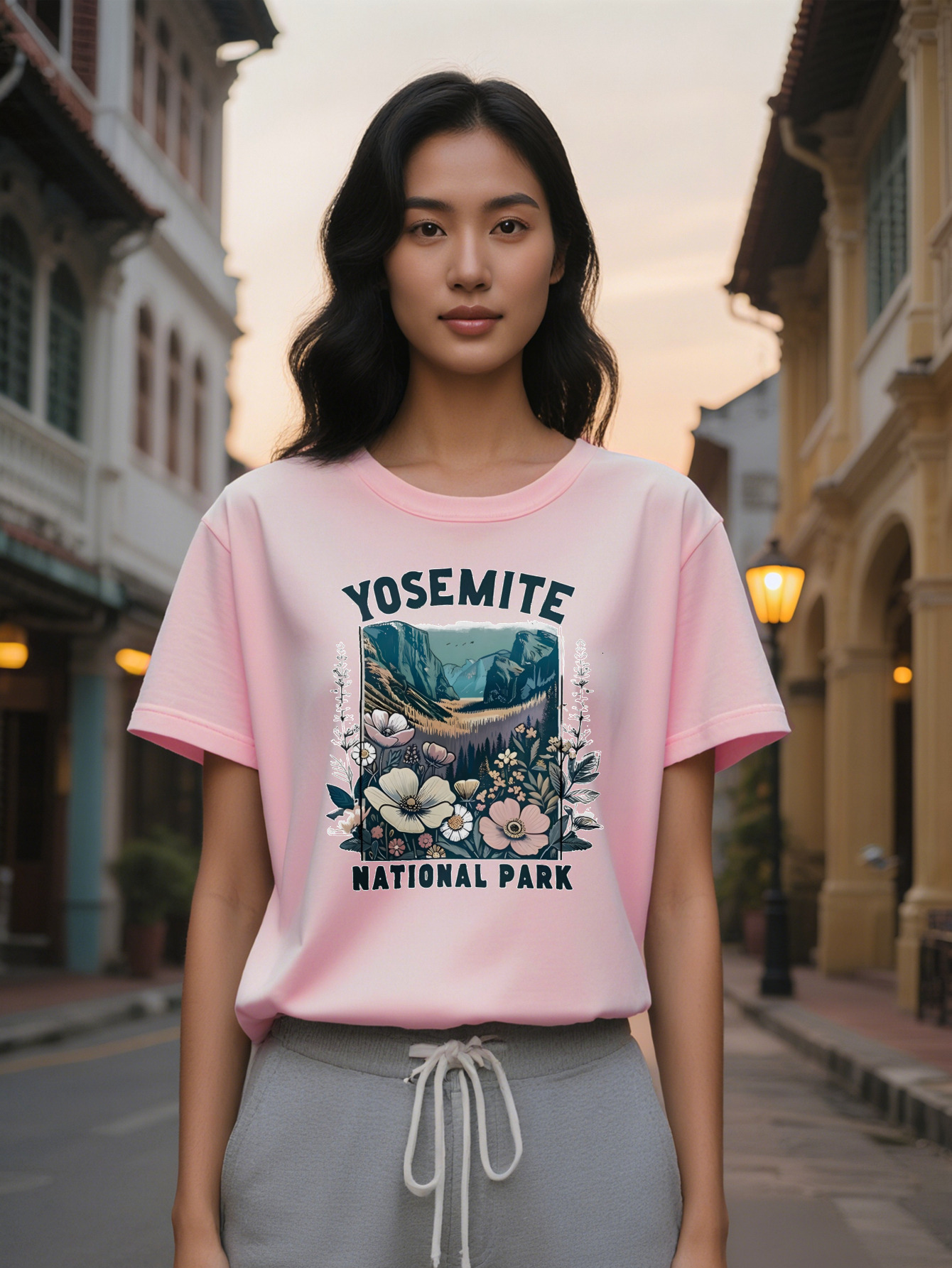 Large XL Lady Yosemite National Park Graphic T Shirt Black Casual Short Sleeve Round Neck Tee with Mountain River Landscape Plus Size