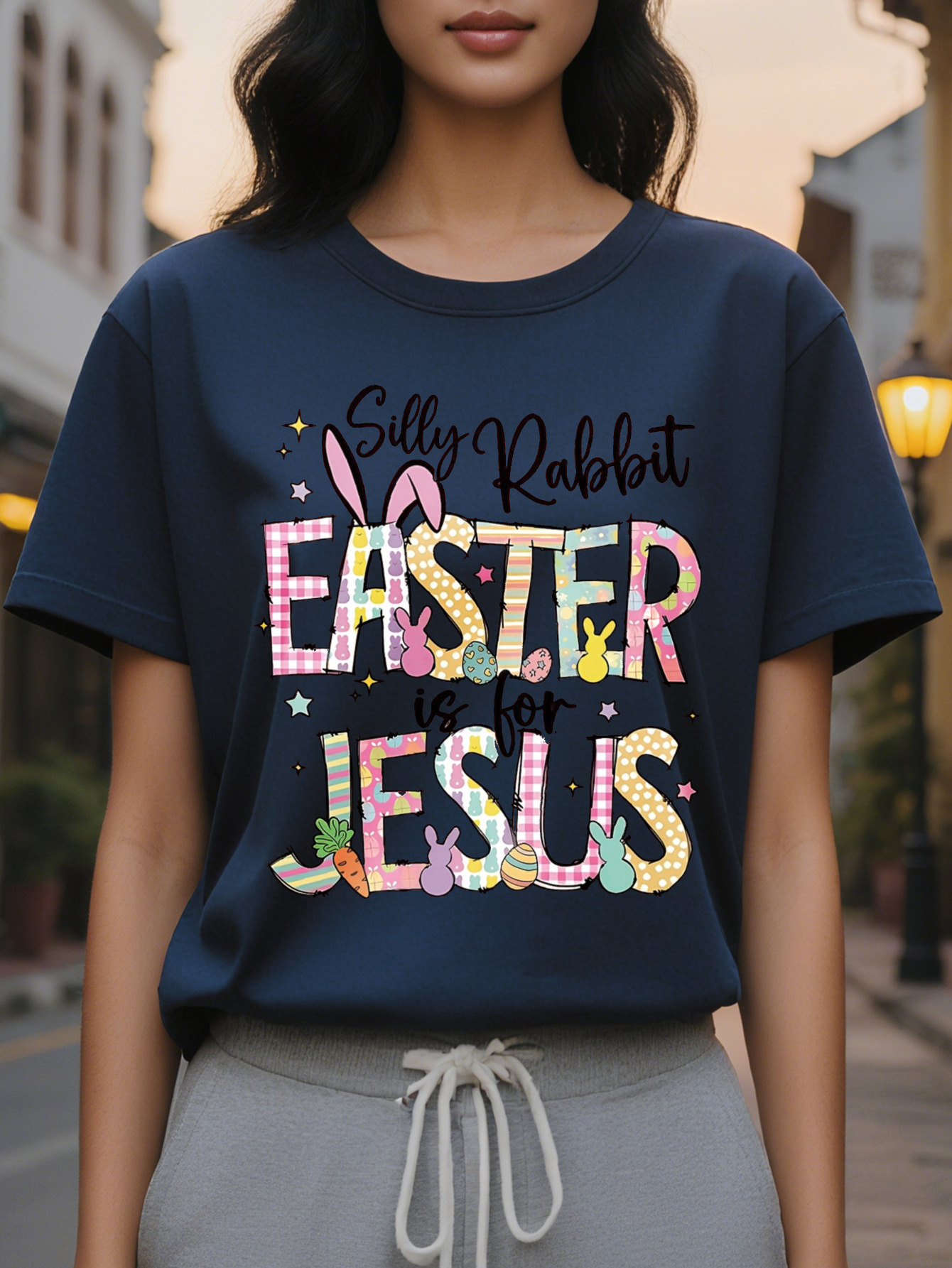 Large XL Silly Is Jesus Happy Easter Bunny Christian Graphic Print Fashion Casual Short Sleeve Spring Summer Fit Crew Plus Size
