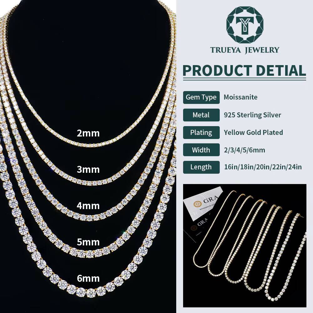 Hot Selling Hiphop Jewelry 26mm 925 Silver Yellow Gold Plated Tennis Link Chain Round Brilliant Cut Moissanite Necklace for Men