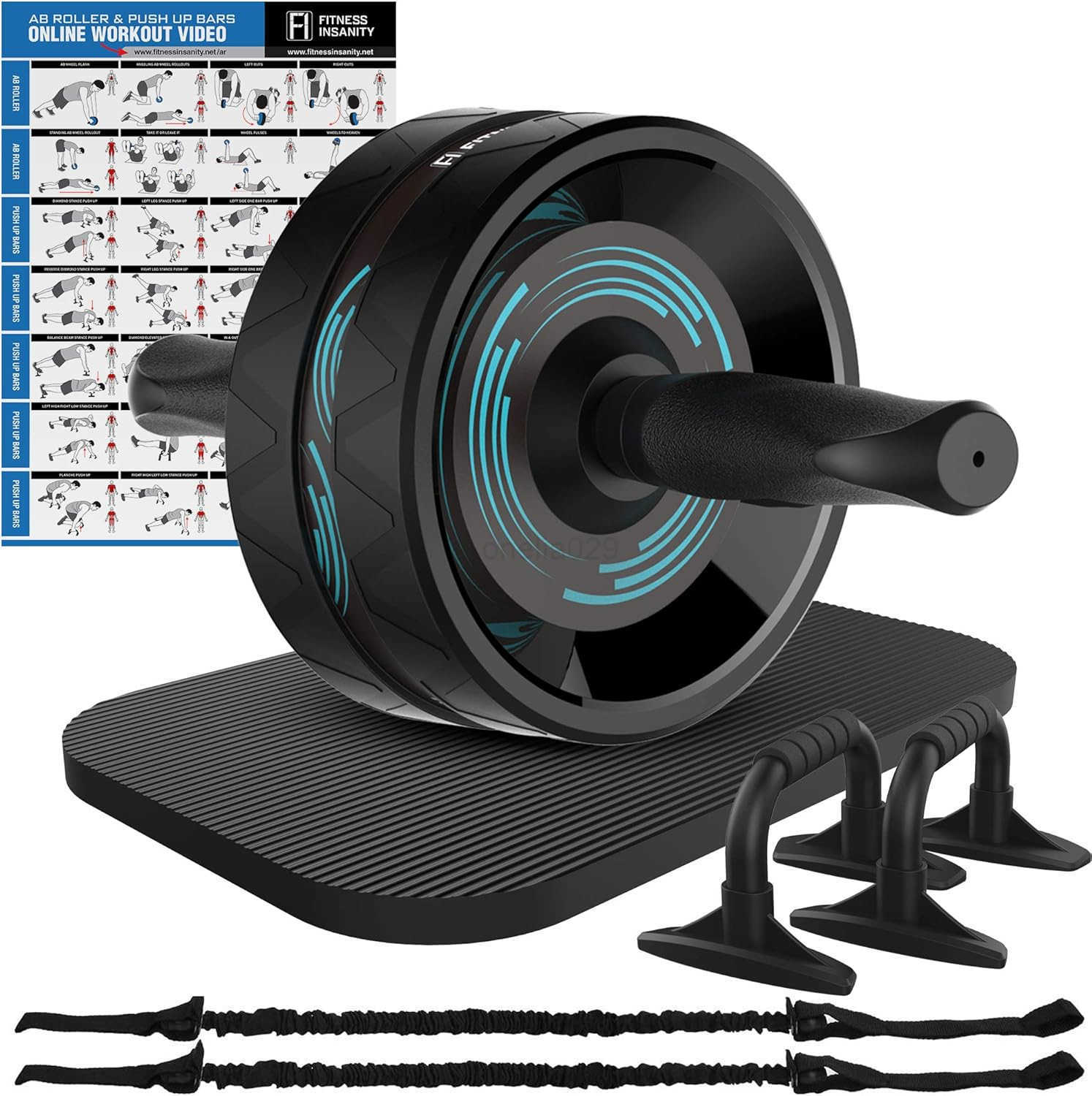 Ab Roller Wheel 6in1 Ab Roller Kit with Knee Mat PushUp Bars Resistance Bands Workout Poster Workout Guide Perfect Home Gym Equipment for Men Women Ab