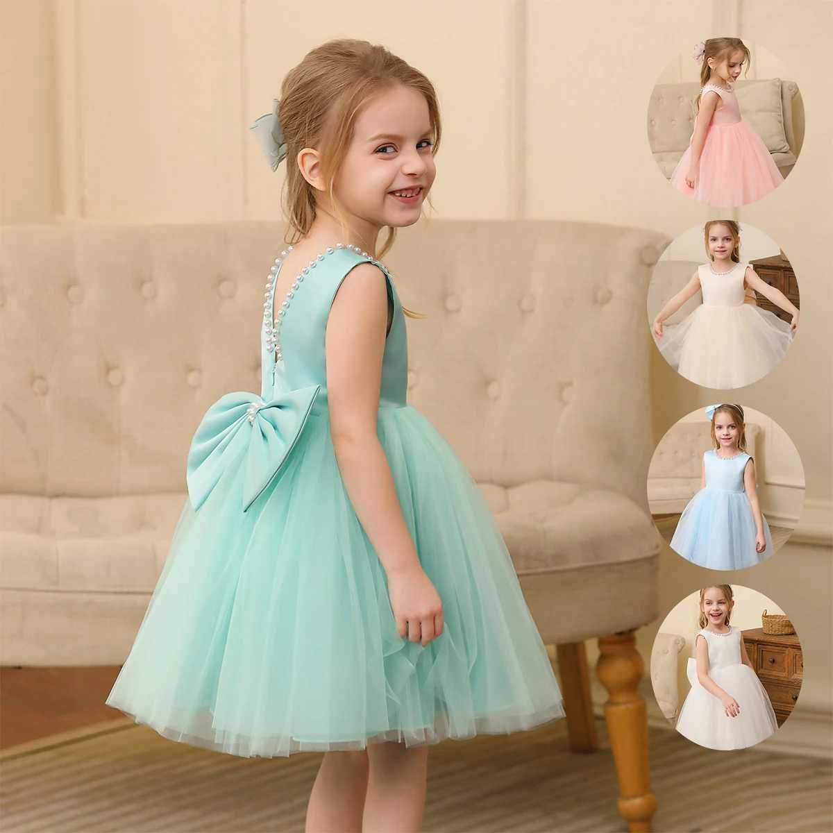 Summer Girls Lace Dresses For Kids 2-8 Year Flower Birthday Tulle Pearls Dress Backless Bow Princess Wedding Gown For Children Z250904