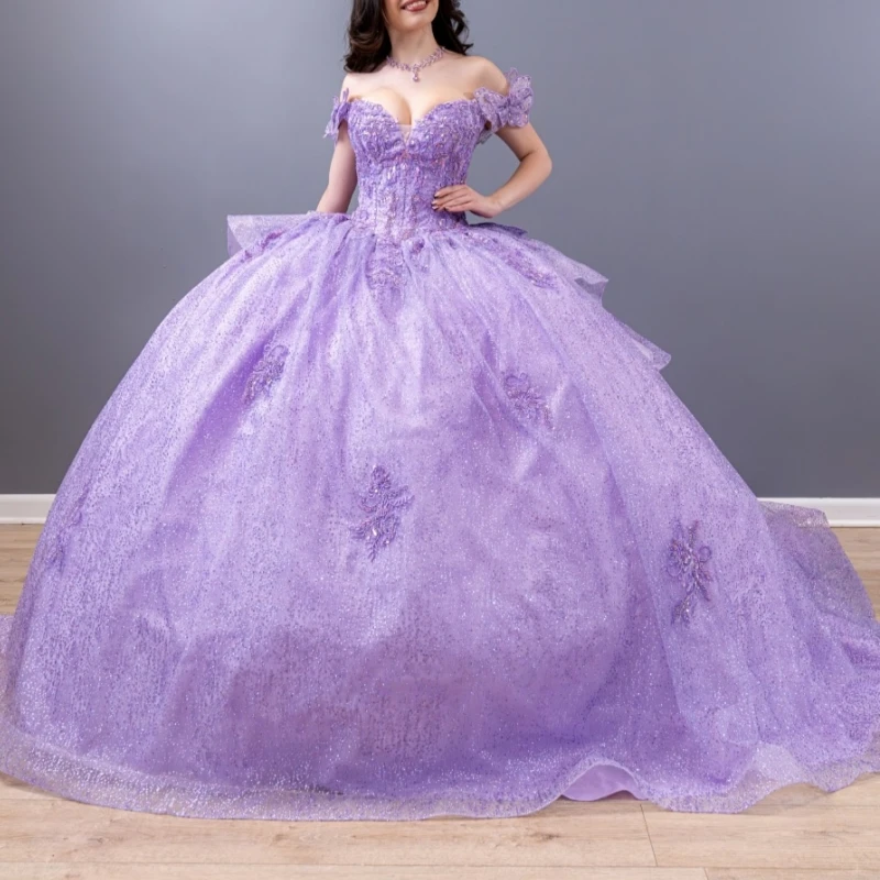 Lilac Shiny Quinceanera Dresses Ball Gown Off The Shoulder Applique Lace Beads Bow Sweet 16 Dress Vestidos 15 Anos