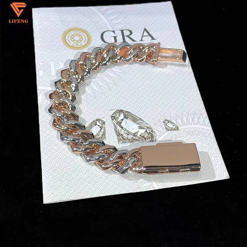 Two Tones Silver Rose Gold 14mm Moissanite Cuban Link Bracelet Hip Hop 925 Silver Bold and Durable Men Women Chain