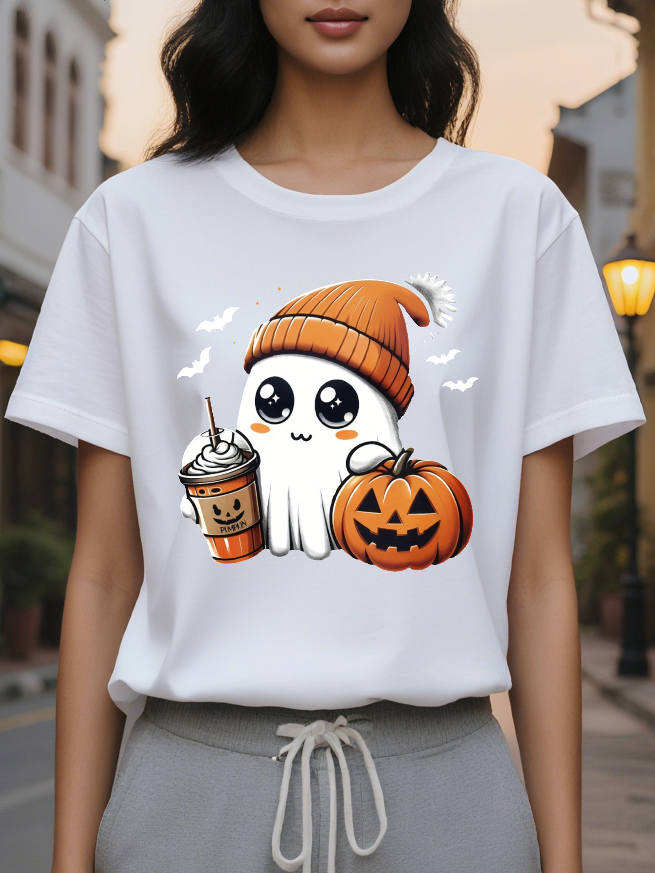Women's casual short sleeve round neck T-shirt with pumpkin and ghost application cotton knit fabric regular cut