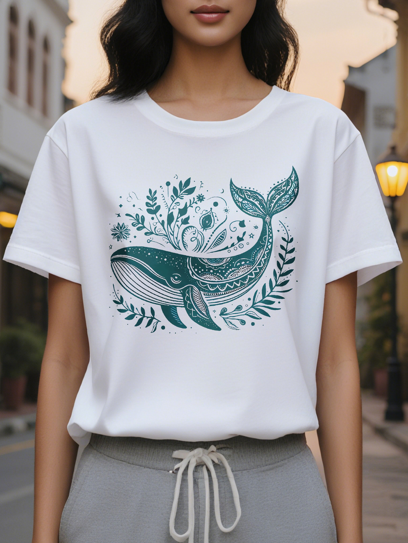 Large XL Breathable Semi Sheer Women's Whale Floral Print T-Shirt Medium Stretch Washable Spring Summer Tee for Beach Plus Size
