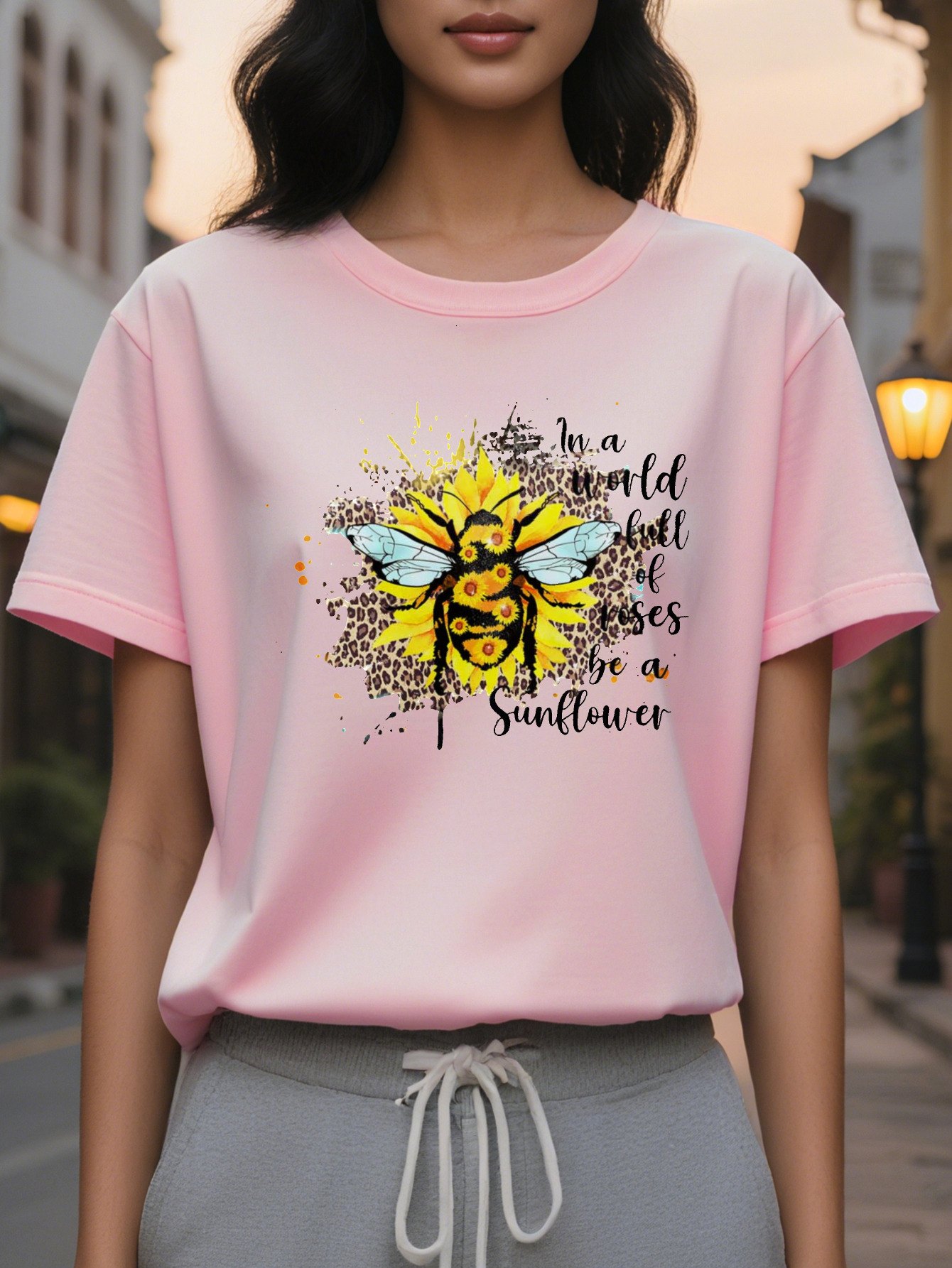 Women's elegant pattern sleeve T-shirt with inspirational quotes, white round neck, casual for autumn and winter