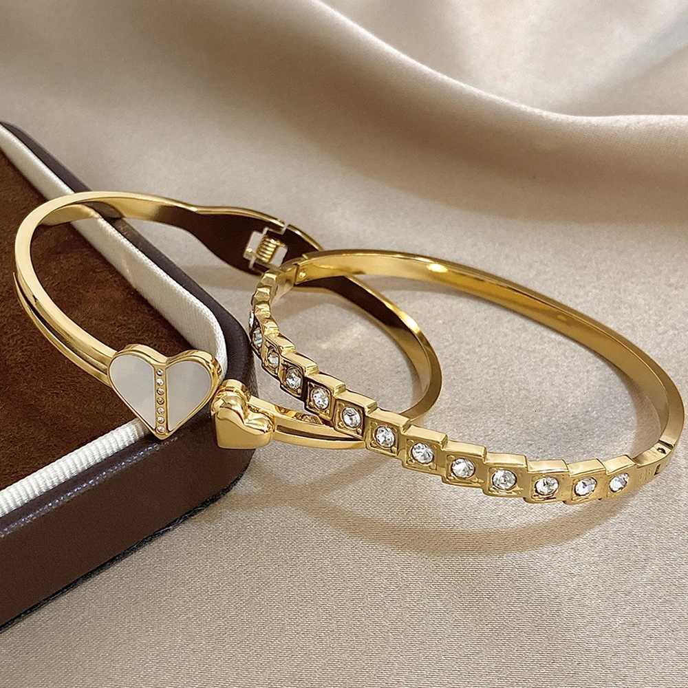 Stainless Steel Shell Square Rhinestone Open Cuff Bangles Set for Women Men Fashion Gold Plated Bangles Bracelets Y250904