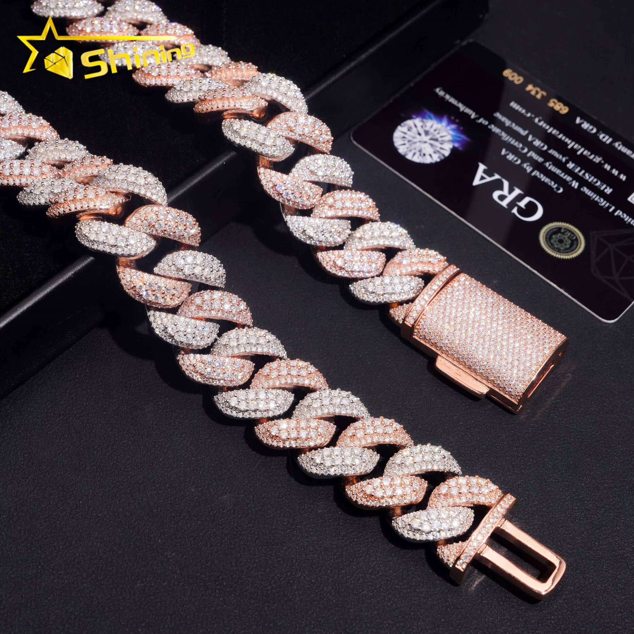 Luxury 22mm Two Tone Necklace Chain Pass Tester VVS Moissanite 925 Silver Gold Plated Hip Hop Iced Out Cuban Link Chain