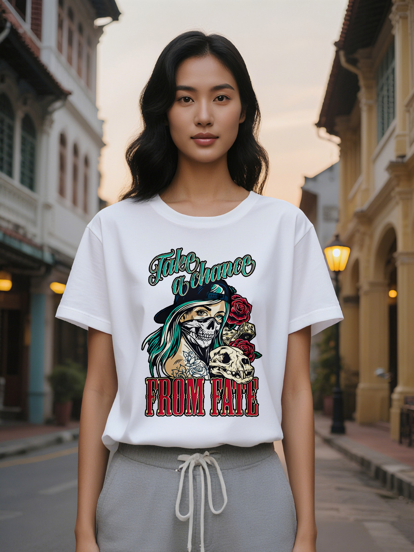 Casual Graphic T-Shirt Edgy Skull Rose Design with Take a Chance From Fate Print Black Round Neck Summer Tee