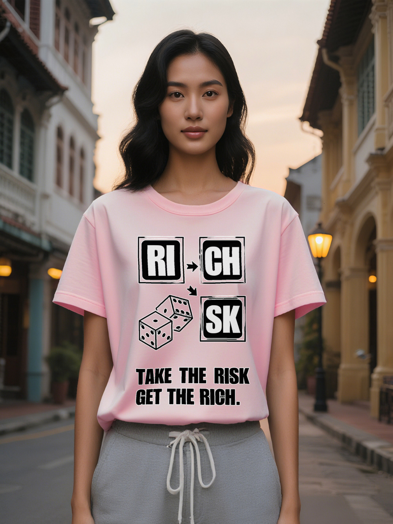 Large XL Lady Casual Crew Neck T Shirt with RI CH Print Take Risk Get The Rich Design Dice Illustration Perfect for Plus Size
