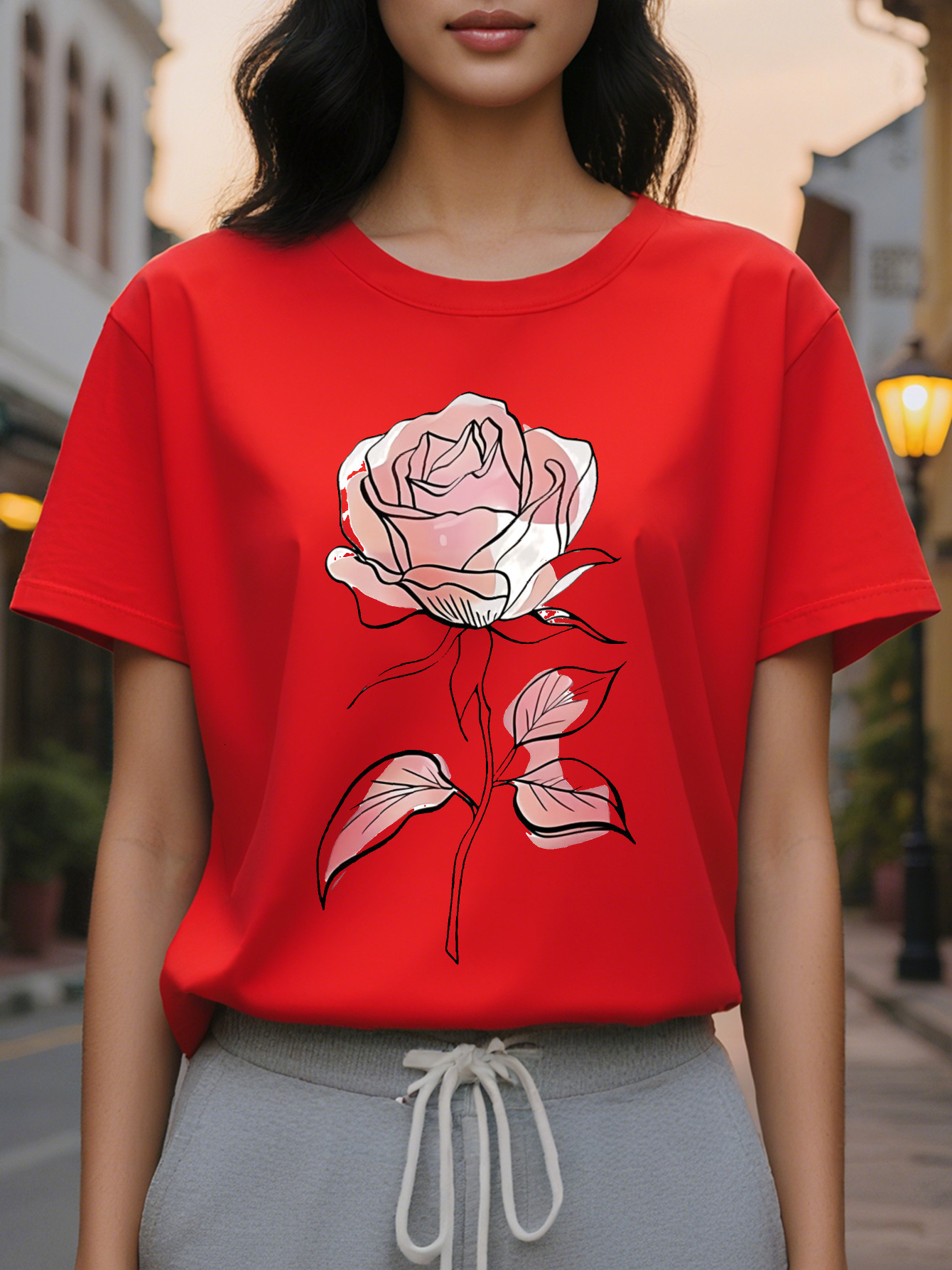 Women's elegant sleeve round neck T-shirt, soft pink rose print, medium stretch, hine wash top, autumn and winter casual