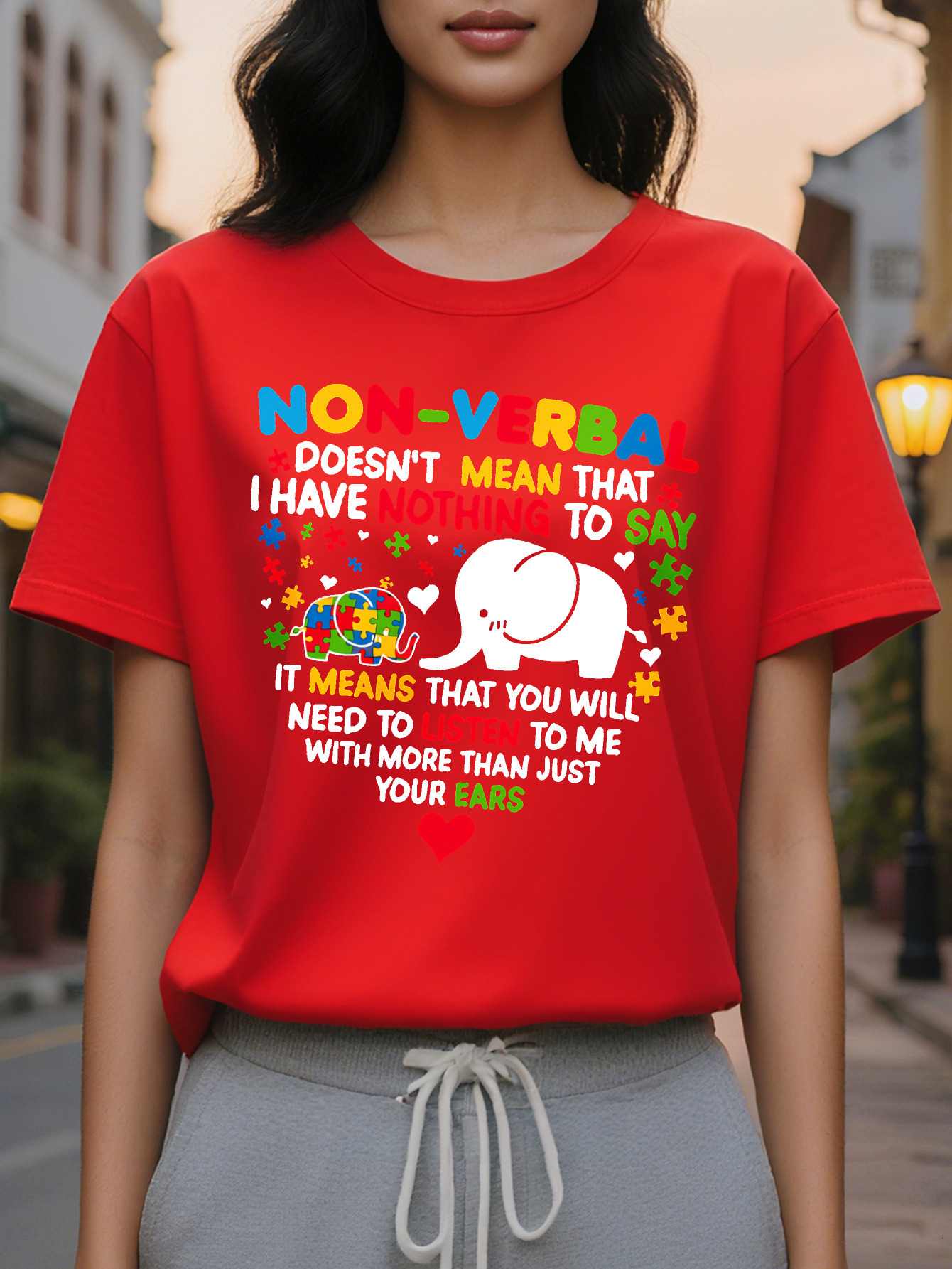 Large XL Casual Geometric Cotton T-Shirt Women's Crew Neck Short Sleeve Top with Nonverbal Autism Puzzle Print Knit Fabric Plus Size