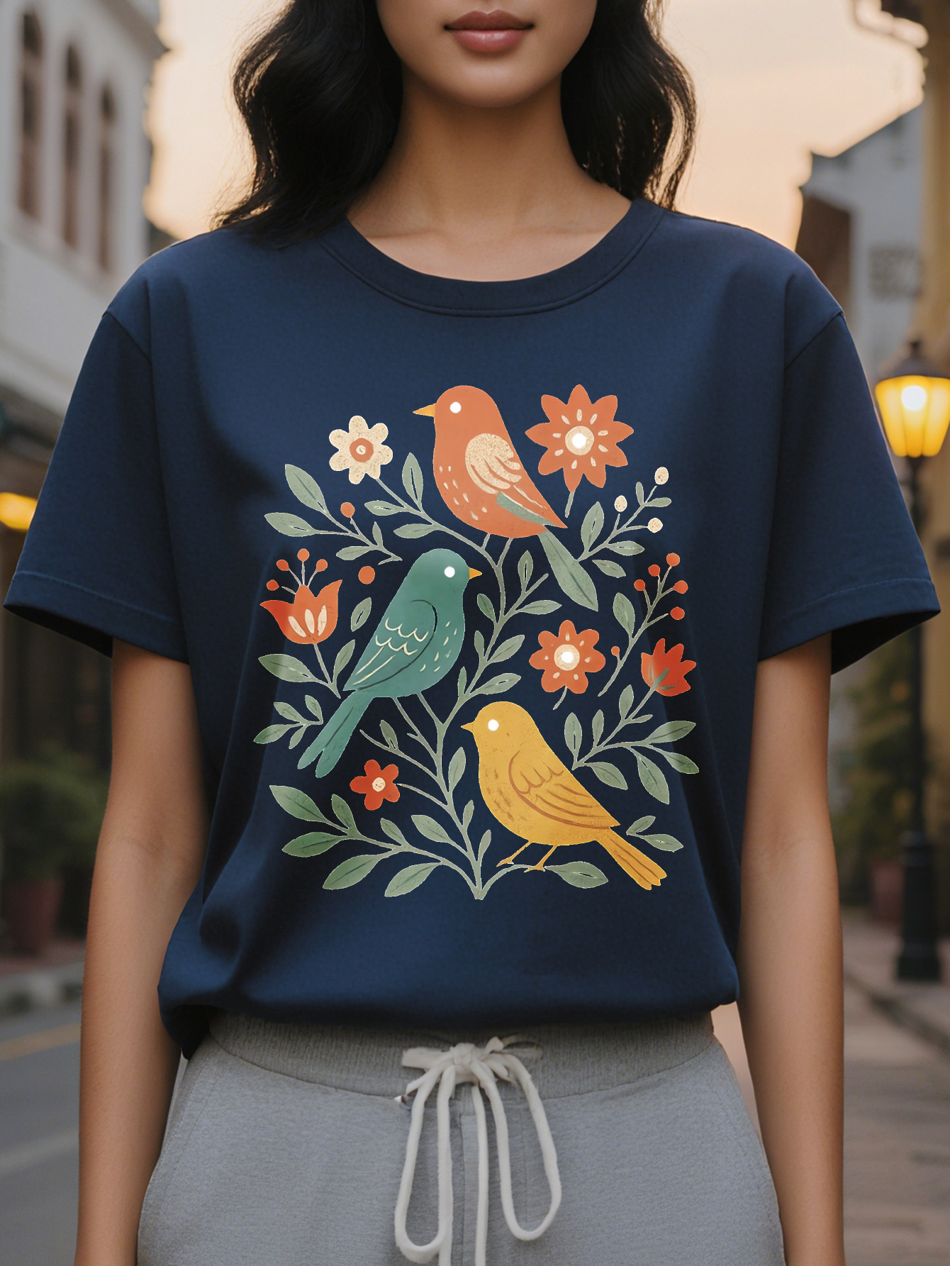 Large XL Women's Floral Bird Print T-Shirt Dark Gray with Orange Flowers Soft Stretchy Fabric Everyday Casual Formal Outfits Plus Size