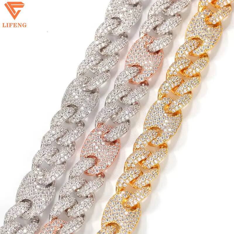 Custom 16mm VVS Moissanite Diamond 925 Sterling Silver Womens Hip Hop Bracelet Rose Gold Plated Two Tone Pig Nose Link Chain
