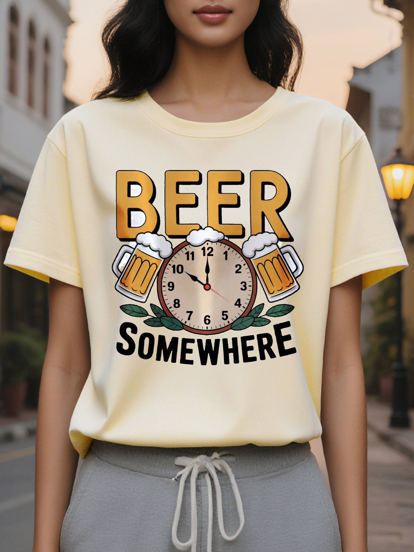 Women's Somewhere Pattern White T-Shirt with a Strong Beer Mug Design Lightweight Summer Top Suitable for