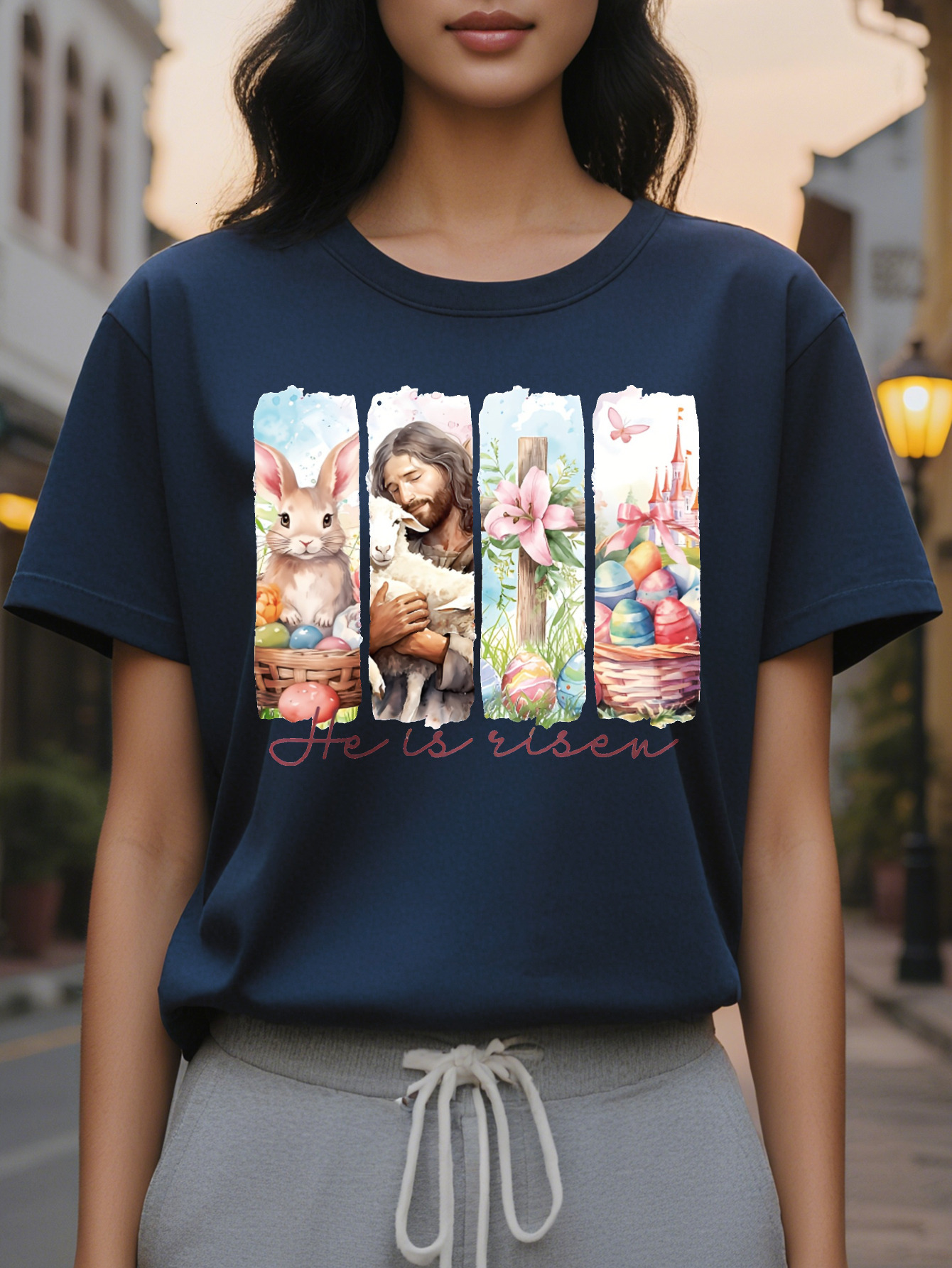 Large XL Women S Bunny Graphic T-Shirt He Is Risen Faith Design with Jesus Rabbit Silhouette Light Blue Casual Short Sleeve Plus Size