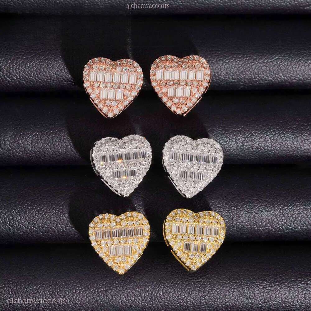 Elegant Classic Sterling Sier Special Heart Stud Earrings Inlaid With Rectangle Moissanite for Women and Men