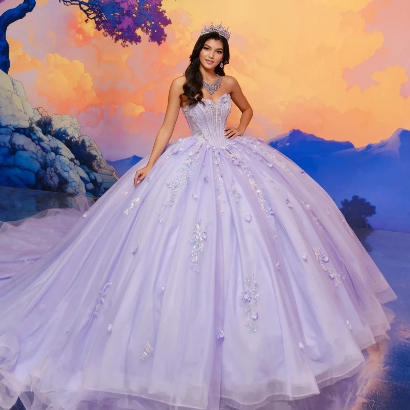 Lavender Shiny Quinceanera Dresses Ball Gown Off The Shoulder Applique Flower Beads Tull Sweet 16 Dress Vestidos 15 De Anos
