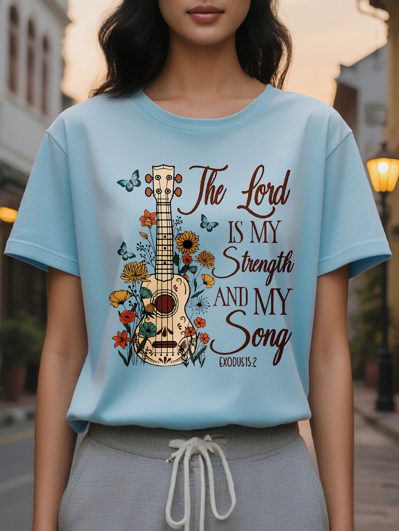 The Lord is Strength My Song Pattern T-Shirt White Short Sleeve Round Neck Top with Spring and Summer Design
