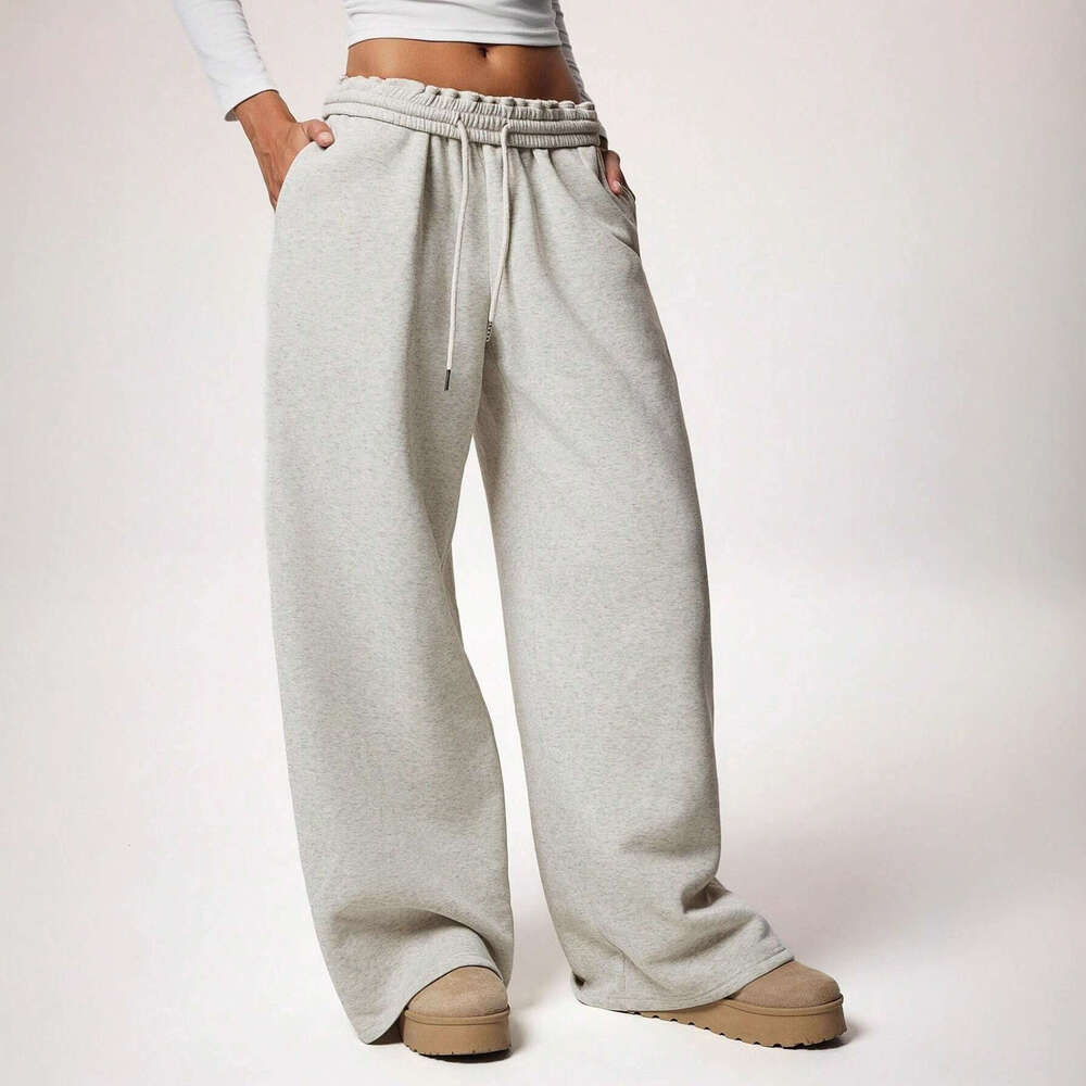 2025 Autumn Winter European and American Women's Fashion Elastic Fleece Loose Wide-Leg Sports Casual Pants