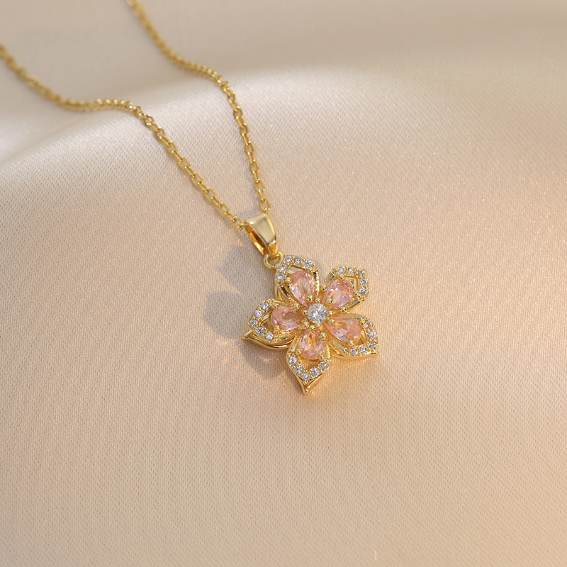 Gold Tone Bauhinia Necklace Stainless Steel Romantic Rotatable Flower Zirconia Pendant Necklace For Women Girls Charm Luxury Jewelry Designer necklace