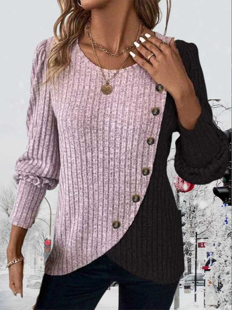 Autumn Long Sleeve Buttons Pit Striped Women Sweaters Contrast Color Long Sleeve ONeck Pullovers Loose Simple Knitted Clothing M250904
