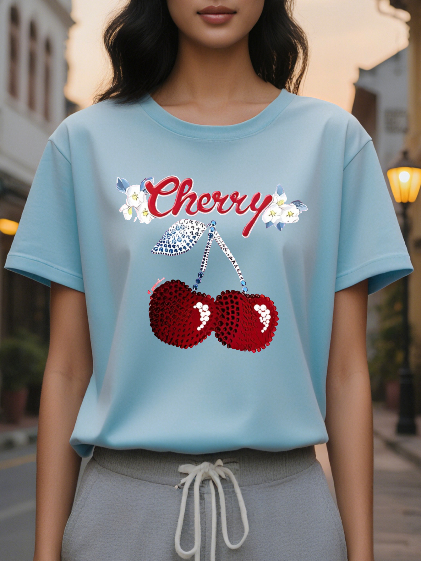 Cherry Personality Fashion Printed Round Neck Short Sleeve T-shirt Spring and Summer High-end Sense Slimming Women's