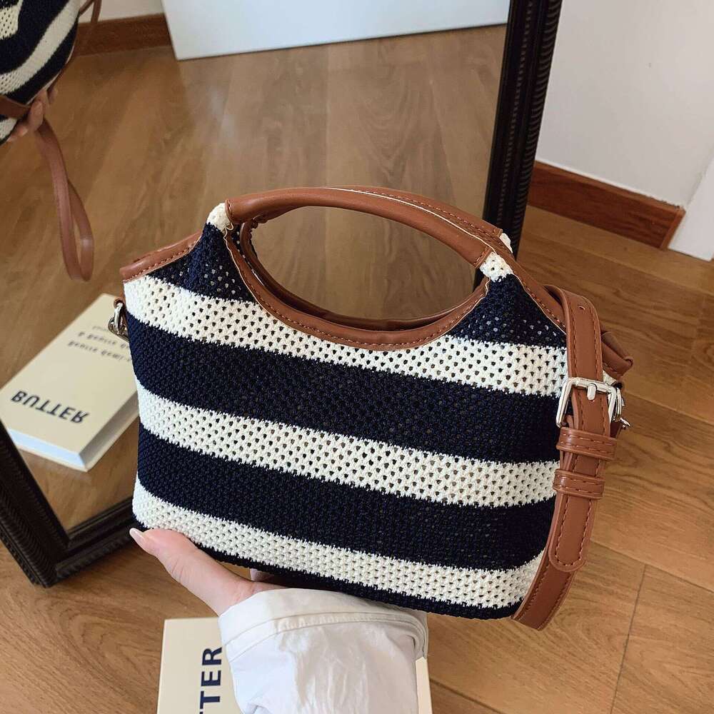 HEssentials 2025 Summer Bucket Bag, Striped Knit Tote, Hollow Out Beach Purse